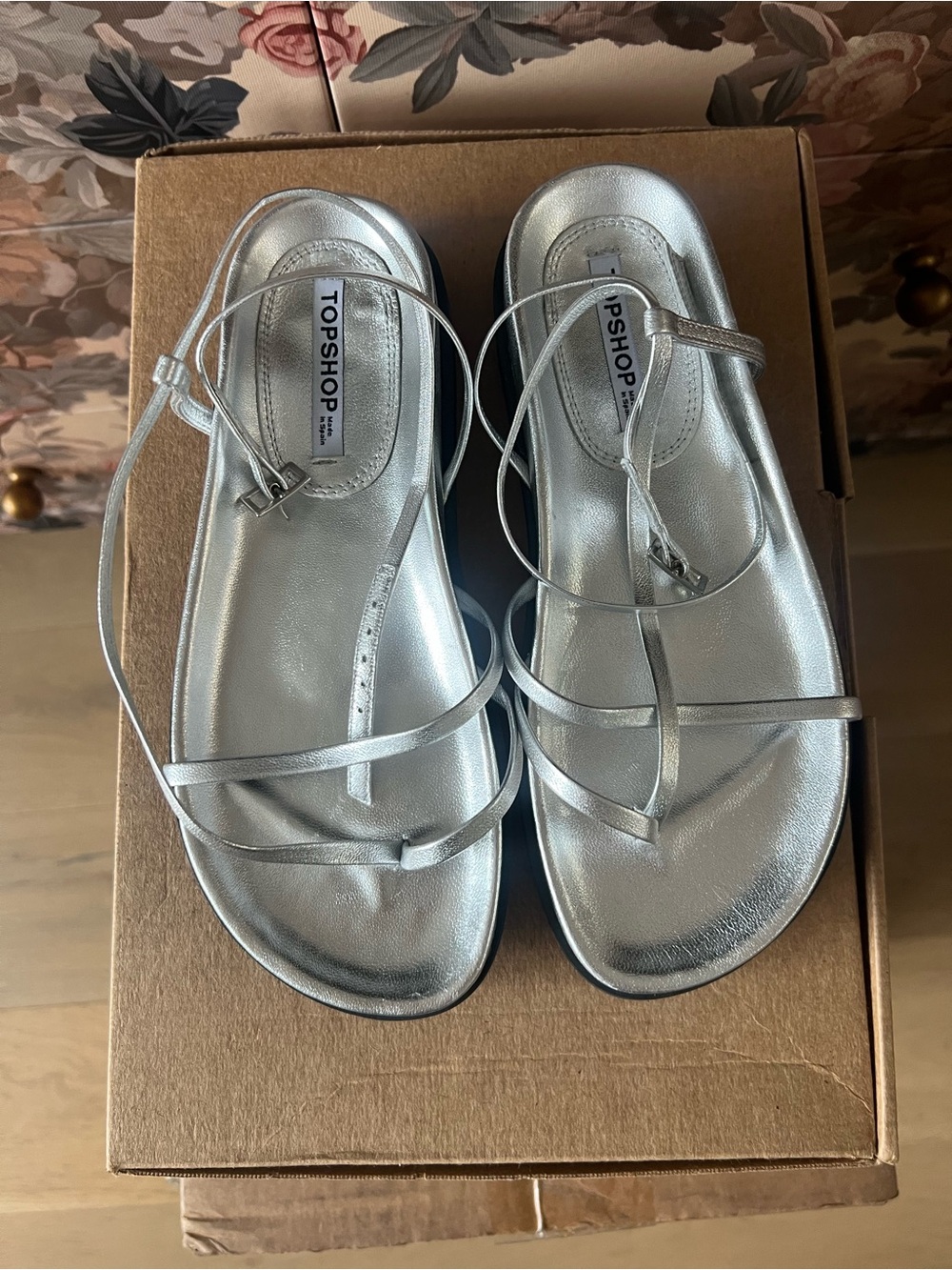 Topshop Metallic Silver Strappy Sandals with Ankle Tie 8W